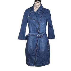 Fashion Nova Denim Moto Dress 1XL Belted Zip Front Blue Stretch Jean Dress